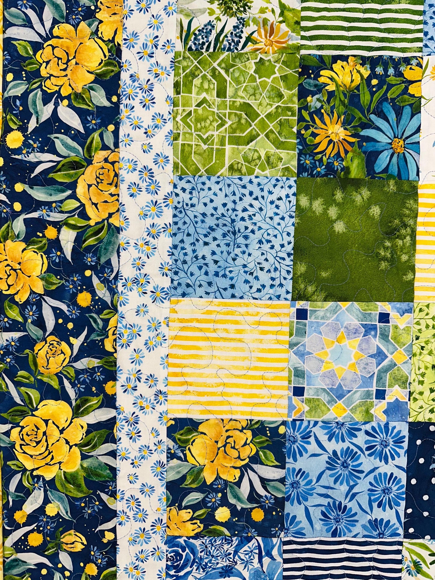 Handmade Patchwork Quilt: Sunshine Blue Skies Floral Cotton Throw 58x72