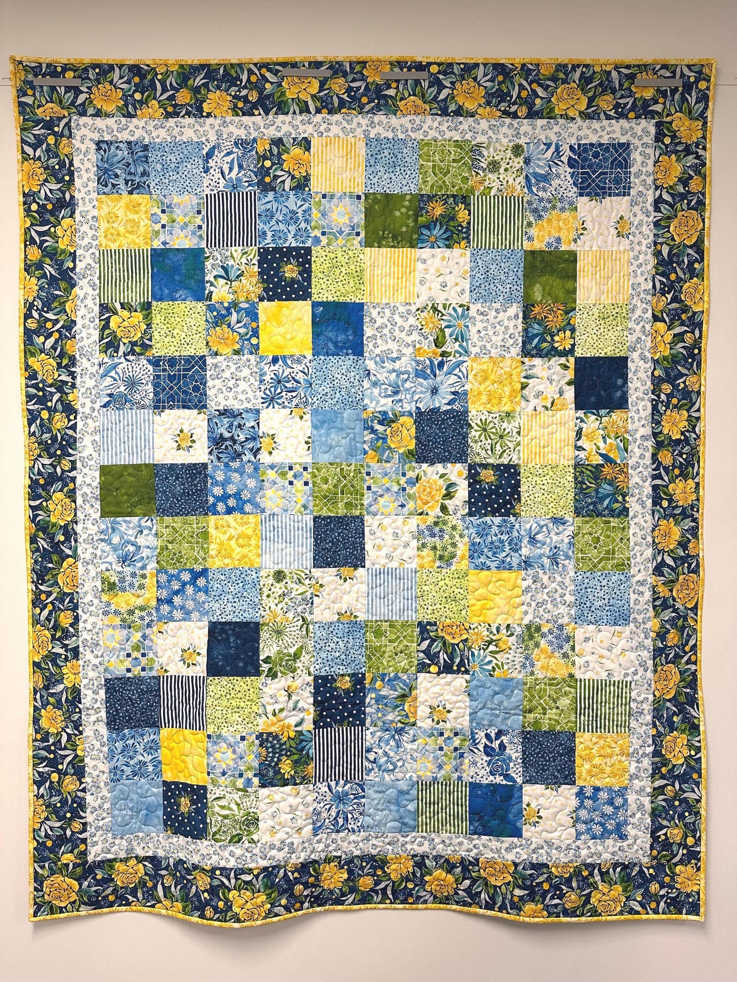 Handmade Patchwork Quilt: Sunshine Blue Skies Floral Cotton Throw 58x72