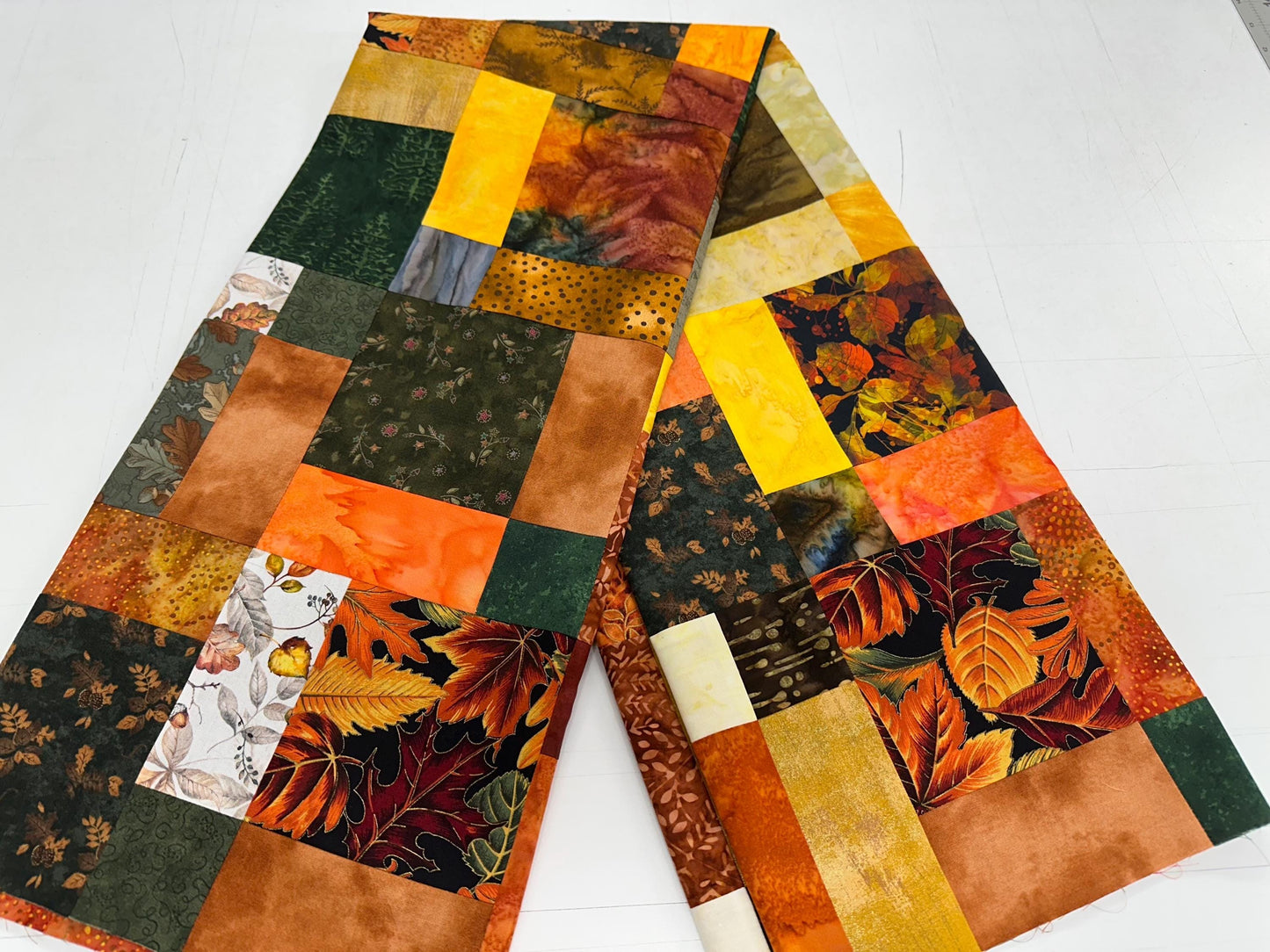 Unfinished Fall Batik Quilt Top: Sofa Throw Size 45x58 Inches, Cozy Autumn Decor