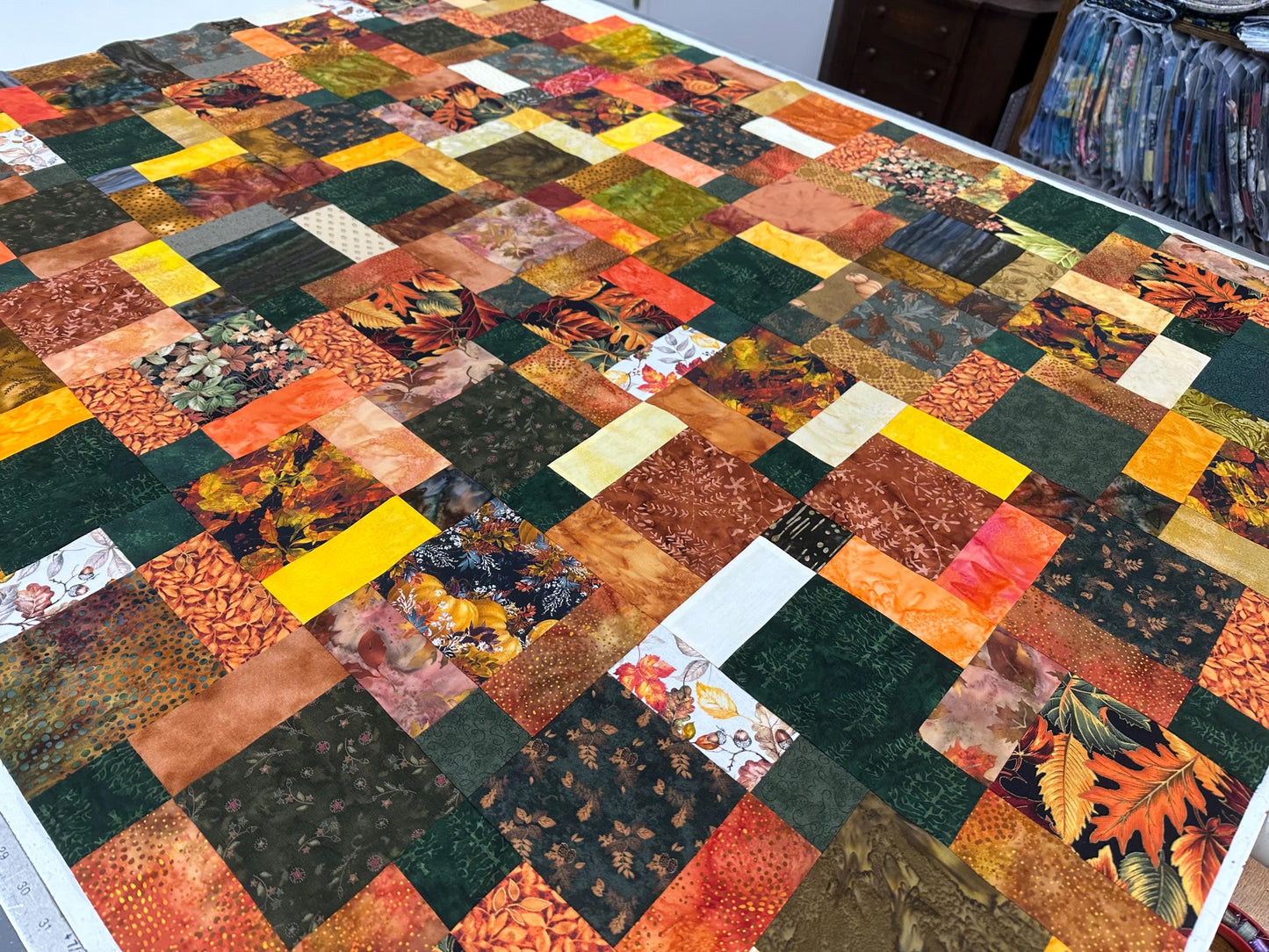 Unfinished Fall Batik Quilt Top: Sofa Throw Size 45x58 Inches, Cozy Autumn Decor