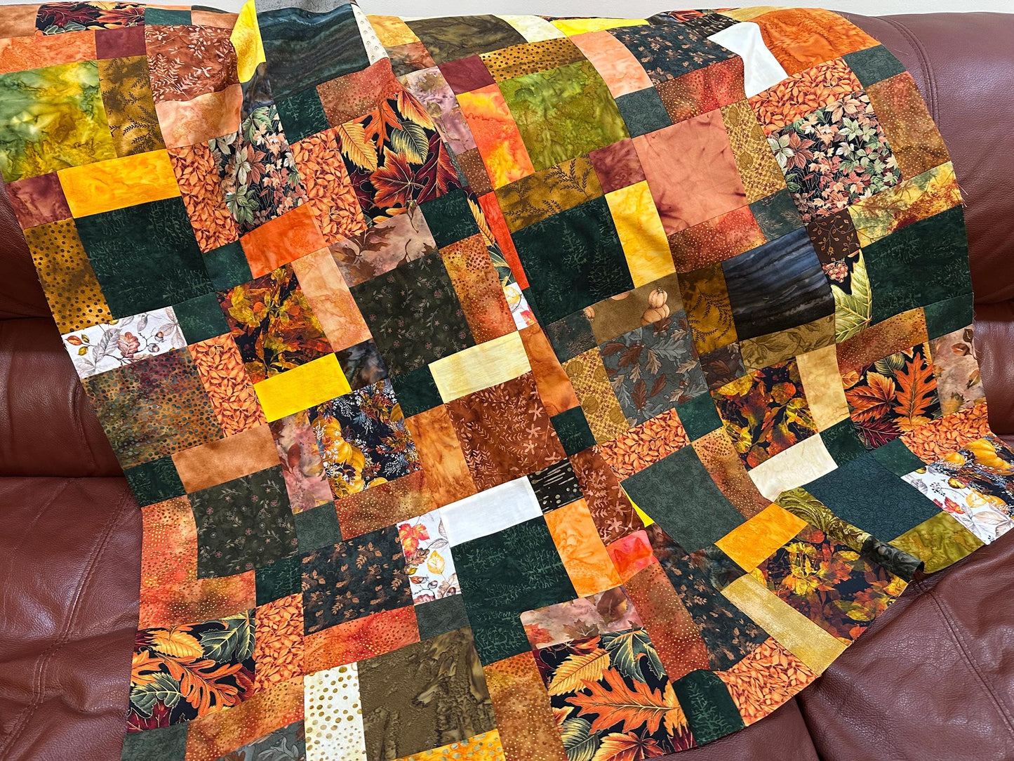 Unfinished Fall Batik Quilt Top: Sofa Throw Size 45x58 Inches, Cozy Autumn Decor