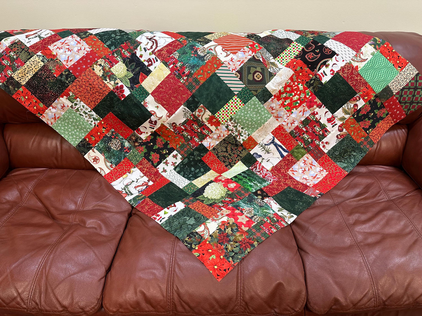 Festive Patchwork Christmas Quilt Top: Unfinished Handmade Lap Throw in Red & Green, 45x58 inches