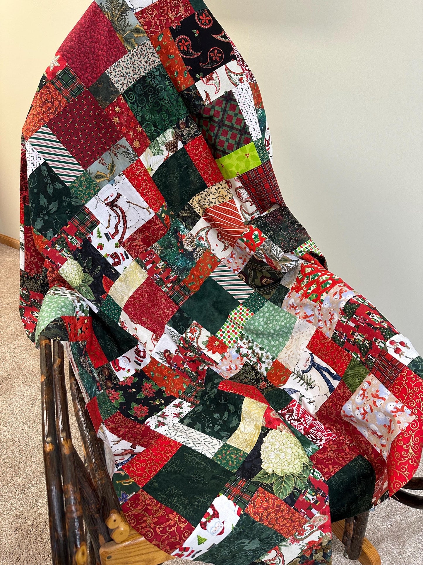 Festive Patchwork Christmas Quilt Top: Unfinished Handmade Lap Throw in Red & Green, 45x58 inches