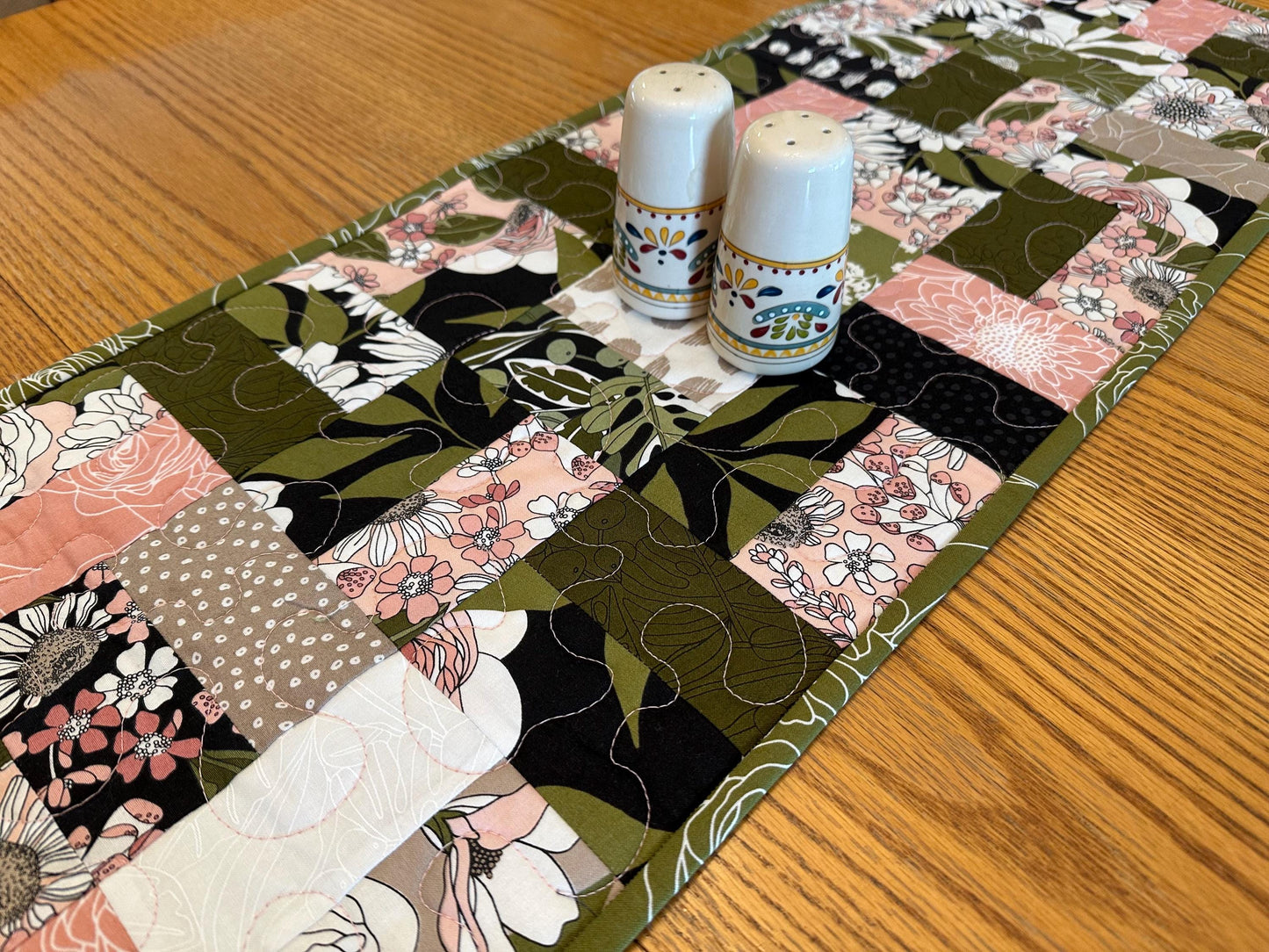 Floral Quilted Table Runner: Handmade Cotton Kitchen Centerpiece 13x40