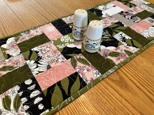 Floral Quilted Table Runner: Handmade Cotton Kitchen Centerpiece 13x40