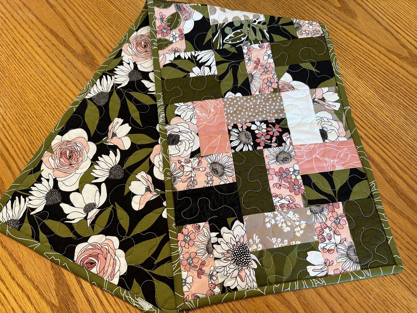 Floral Quilted Table Runner: Handmade Cotton Kitchen Centerpiece 13x40