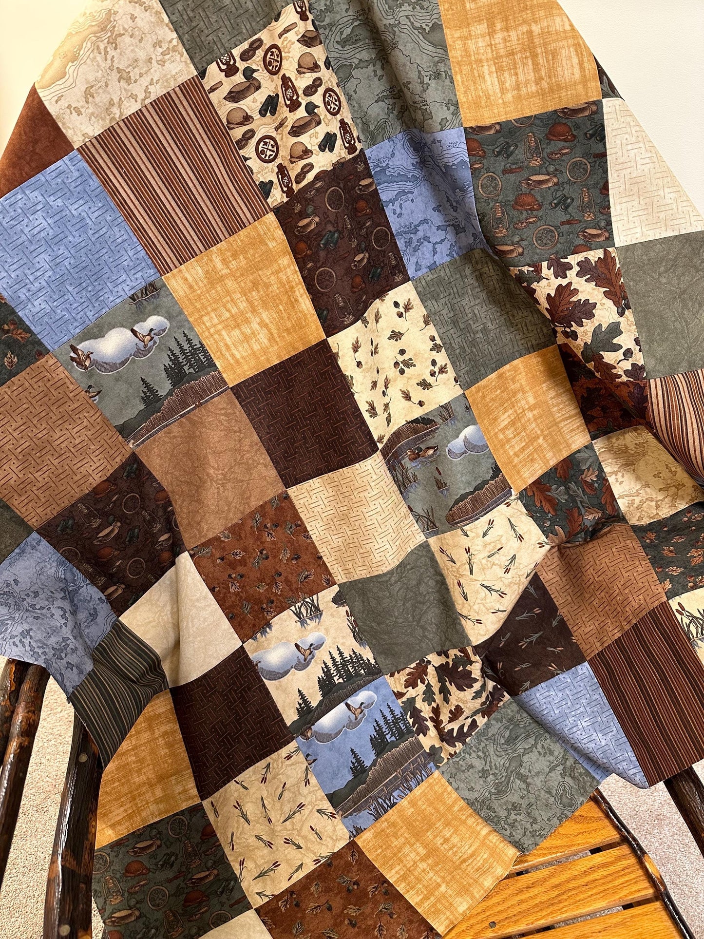 Unfinished Patchwork Quilt Top: Lake Lodge Fishing Theme for Sofa, Lap Throw, 36x45 Handmade