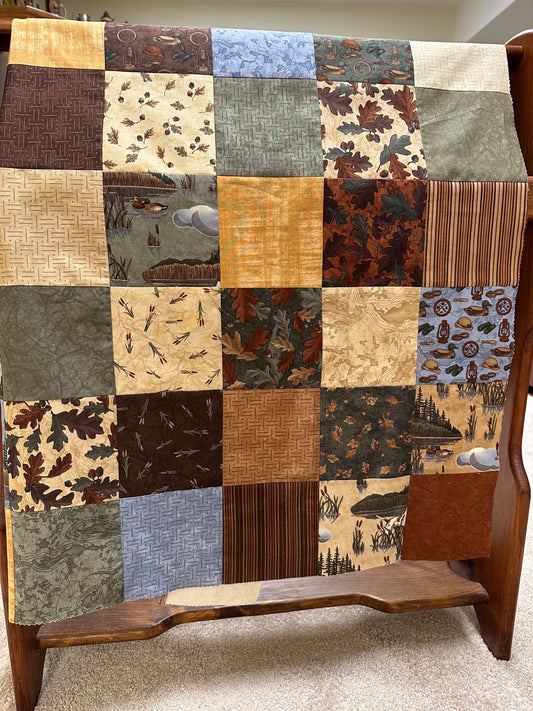 Unfinished Patchwork Quilt Top: Lake Lodge Fishing Theme for Sofa, Lap Throw, 36x45 Handmade