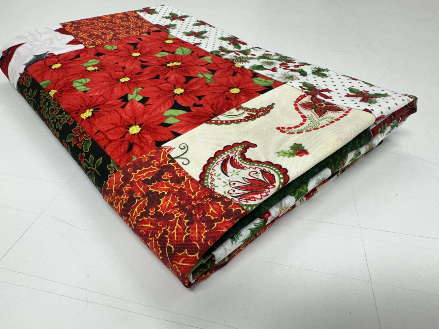 Festive Patchwork Christmas Quilt Top: Unfinished Handmade Lap Throw in Red & Green, 45x63 inches
