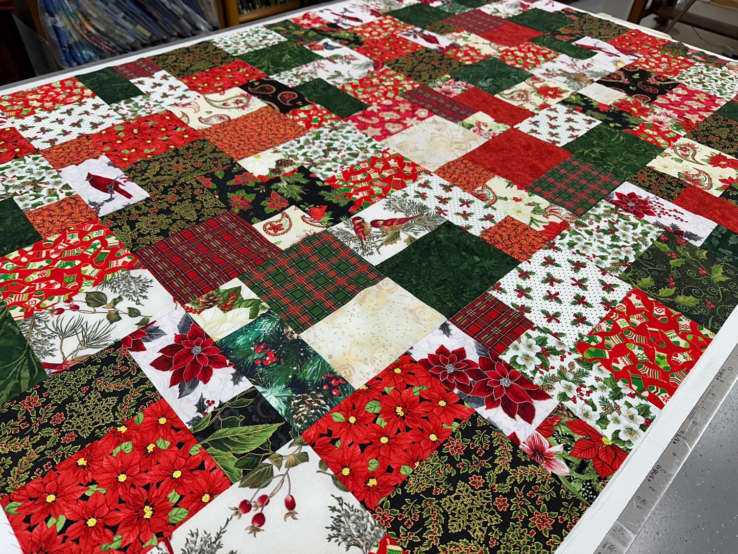 Festive Patchwork Christmas Quilt Top: Unfinished Handmade Lap Throw in Red & Green, 45x63 inches