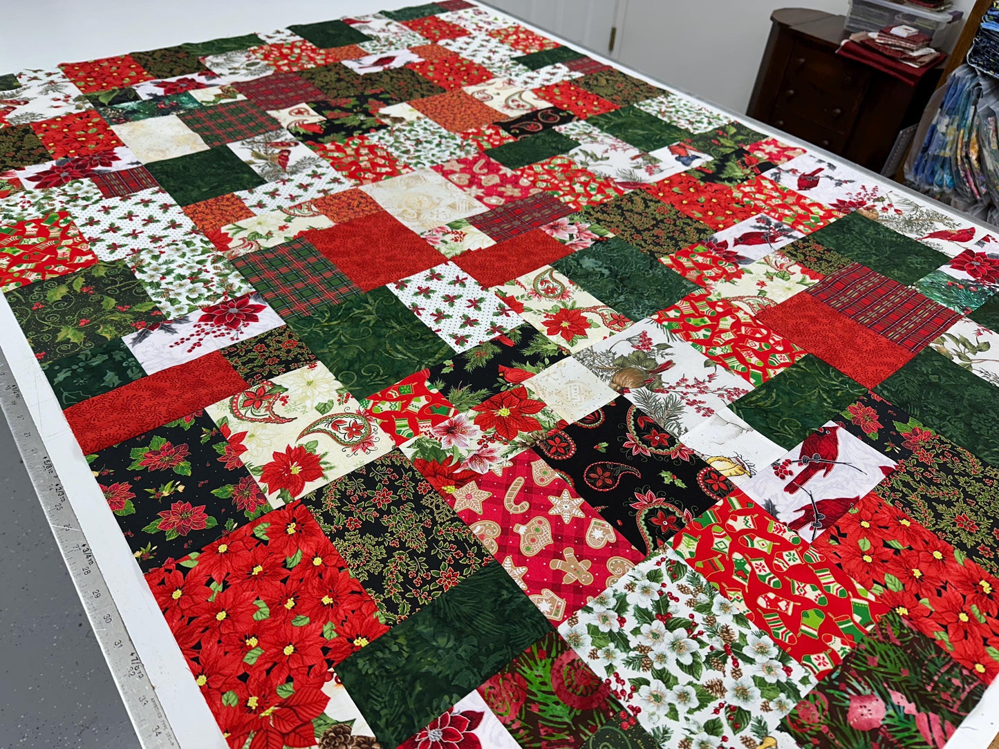 Festive Patchwork Christmas Quilt Top: Unfinished Handmade Lap Throw in Red & Green, 45x63 inches