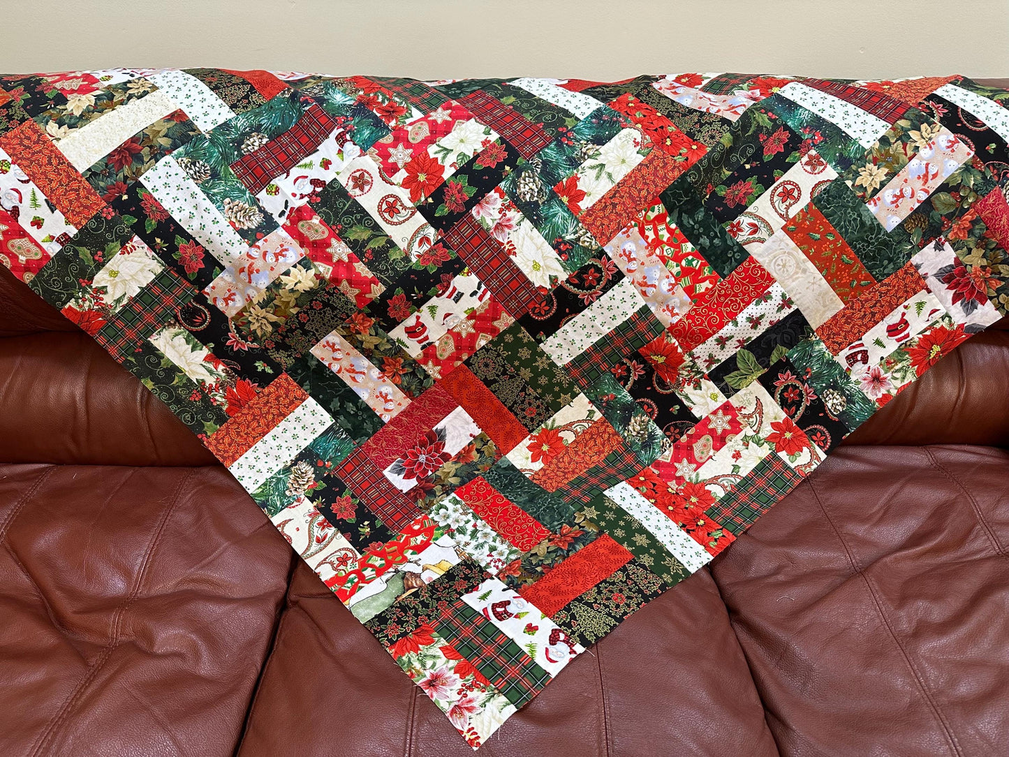 Handmade Christmas Quilt Top: Red & Green Patchwork (48 x 60 inches)