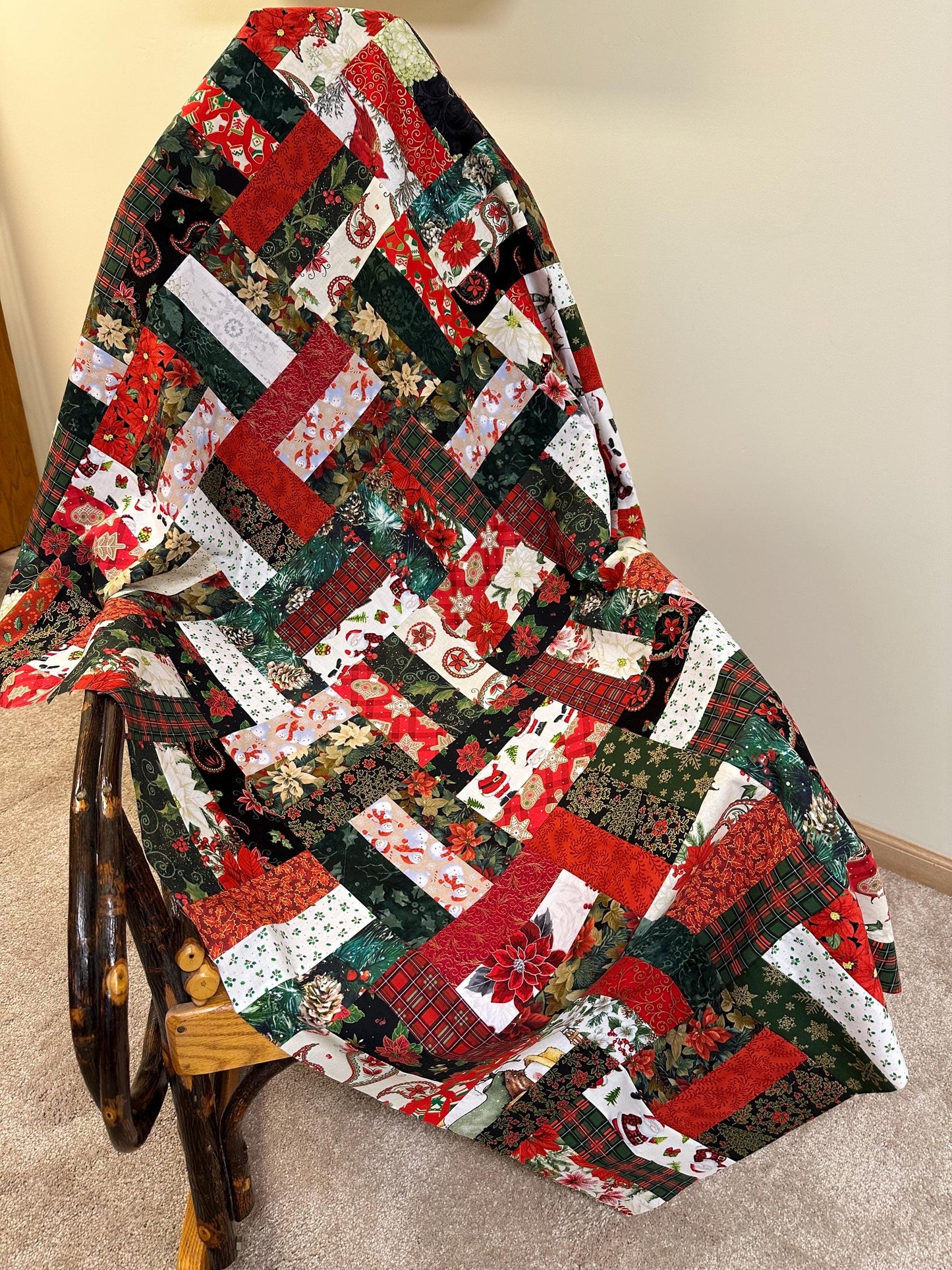 Handmade Christmas Quilt Top: Red & Green Patchwork (48 x 60 inches)