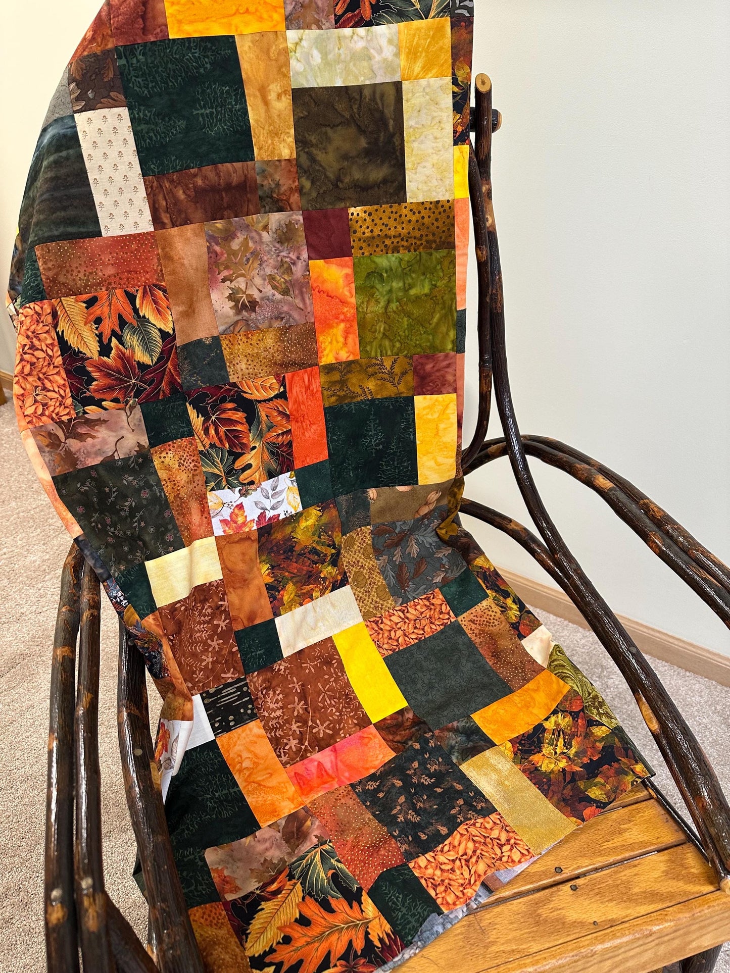 Unfinished Fall Batik Quilt Top: Sofa Throw Size 45x58 Inches, Cozy Autumn Decor