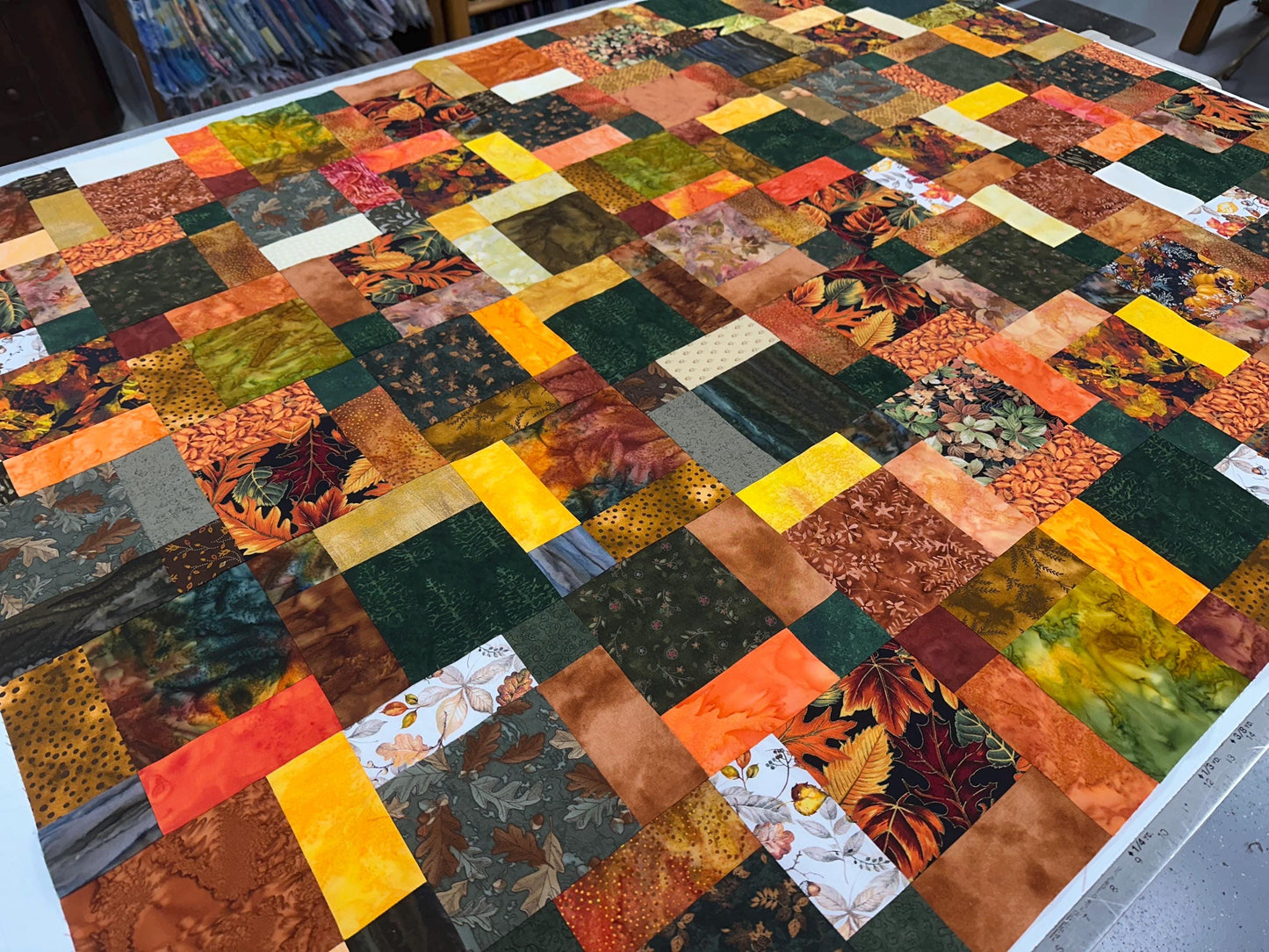 Unfinished Fall Batik Quilt Top: Sofa Throw Size 45x58 Inches, Cozy Autumn Decor
