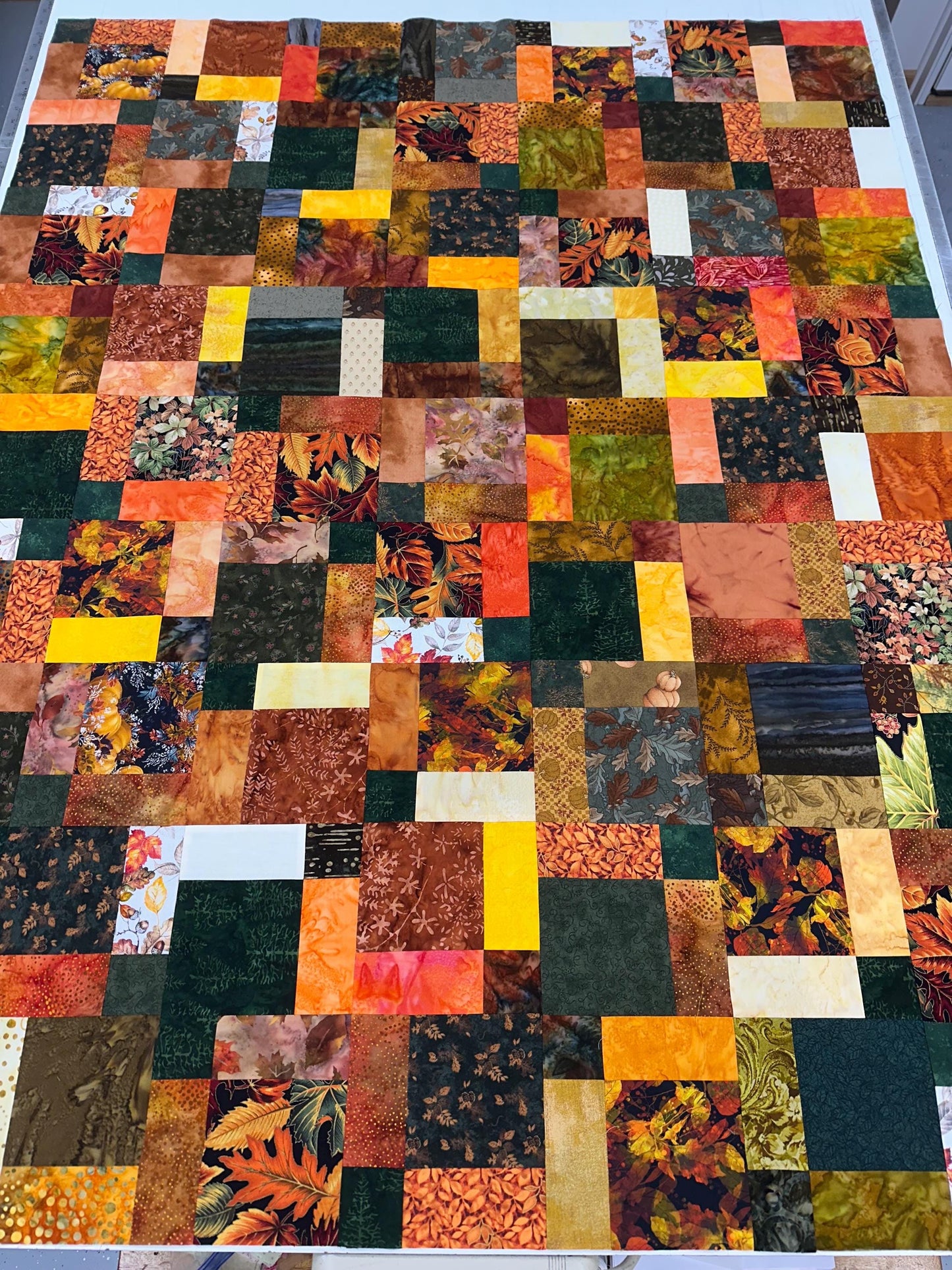 Unfinished Fall Batik Quilt Top: Sofa Throw Size 45x58 Inches, Cozy Autumn Decor