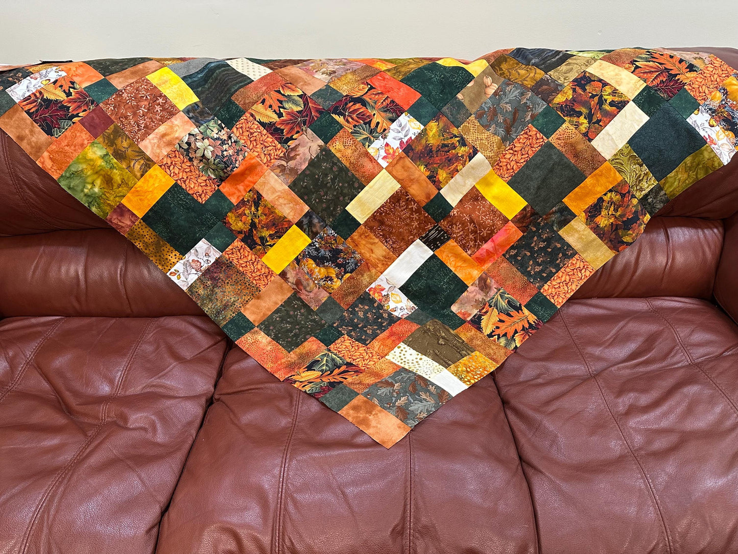 Unfinished Fall Batik Quilt Top: Sofa Throw Size 45x58 Inches, Cozy Autumn Decor