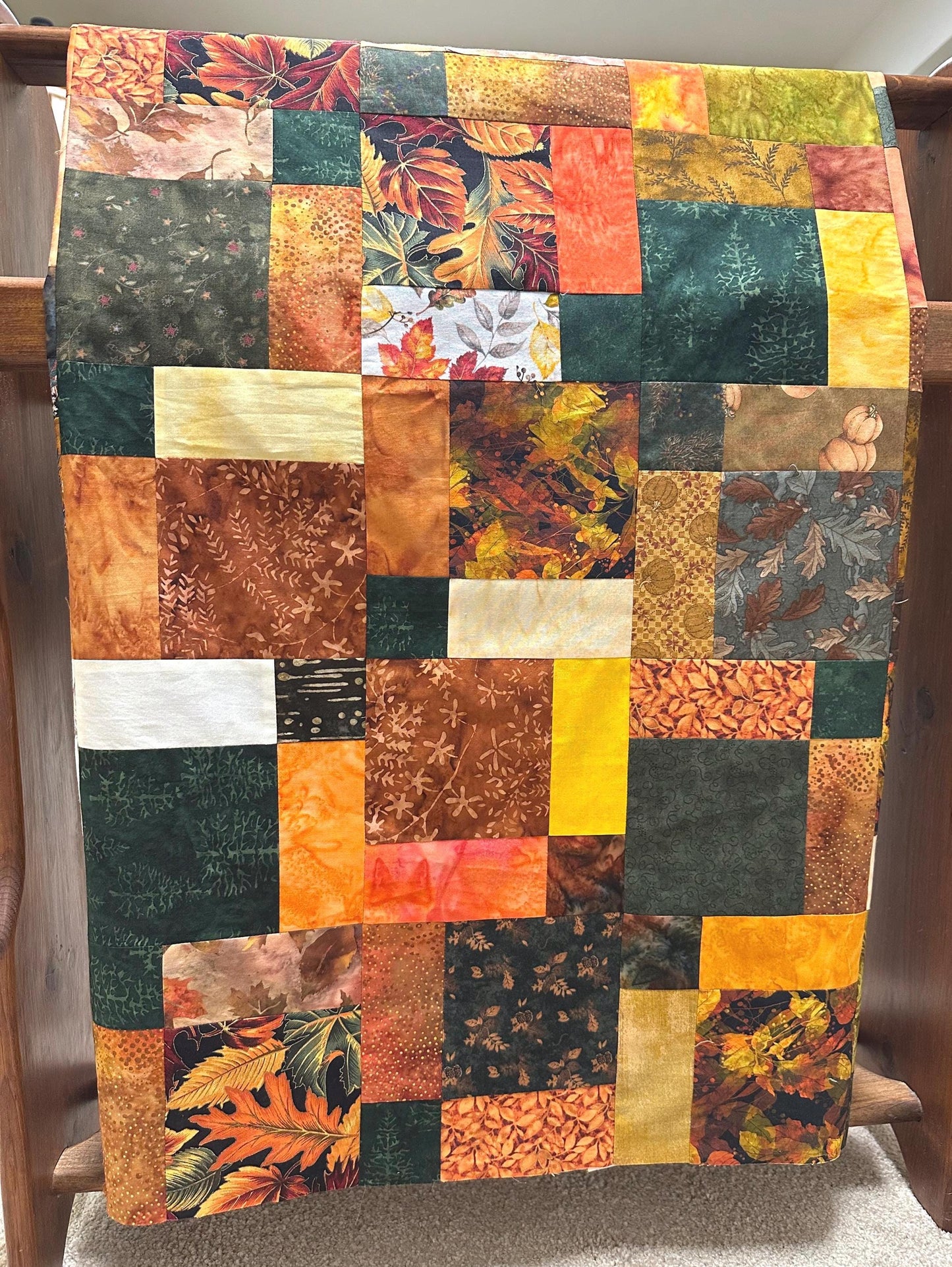 Unfinished Fall Batik Quilt Top: Sofa Throw Size 45x58 Inches, Cozy Autumn Decor