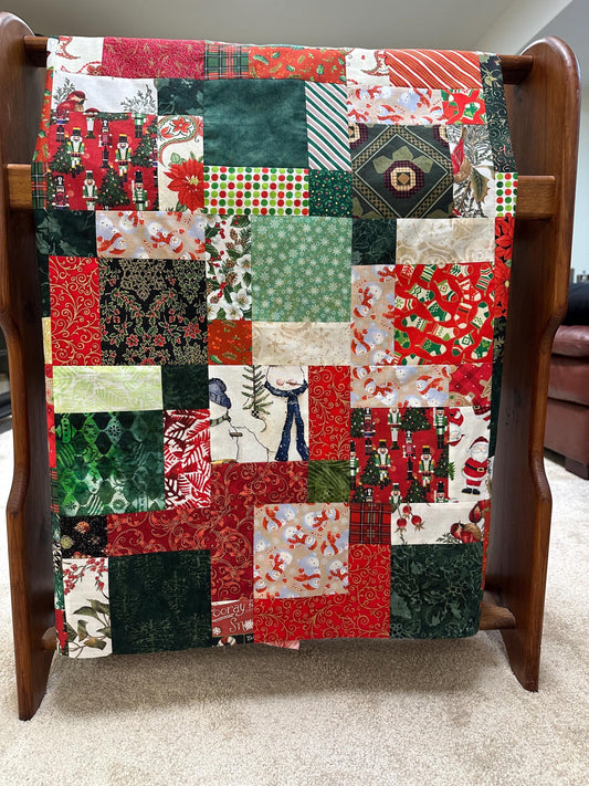 Festive Patchwork Christmas Quilt Top: Unfinished Handmade Lap Throw in Red & Green, 45x58 inches