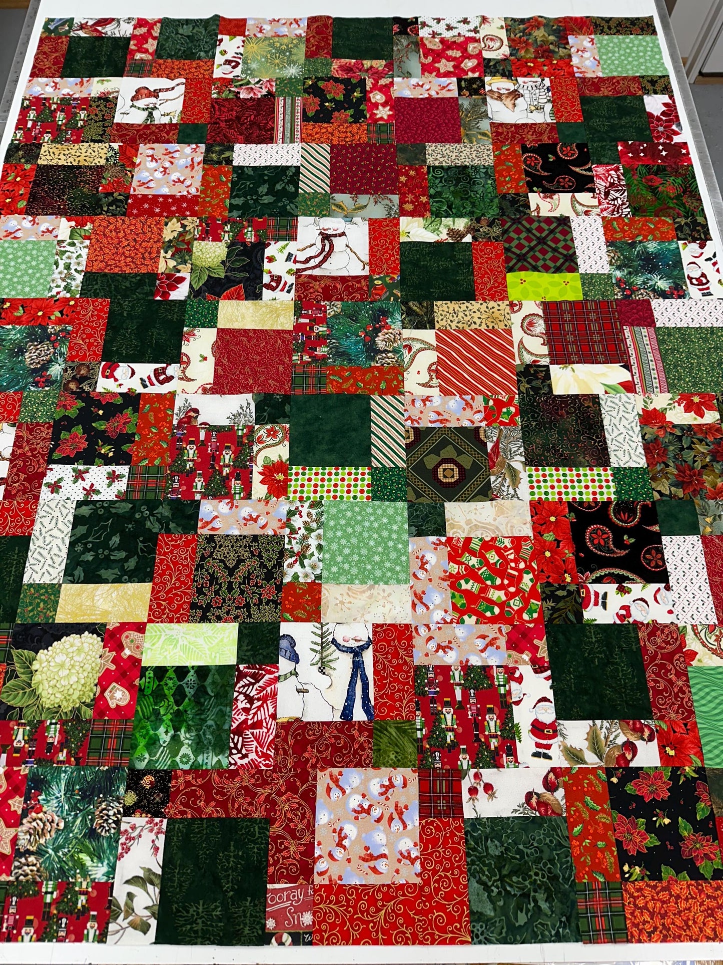 Festive Patchwork Christmas Quilt Top: Unfinished Handmade Lap Throw in Red & Green, 45x58 inches