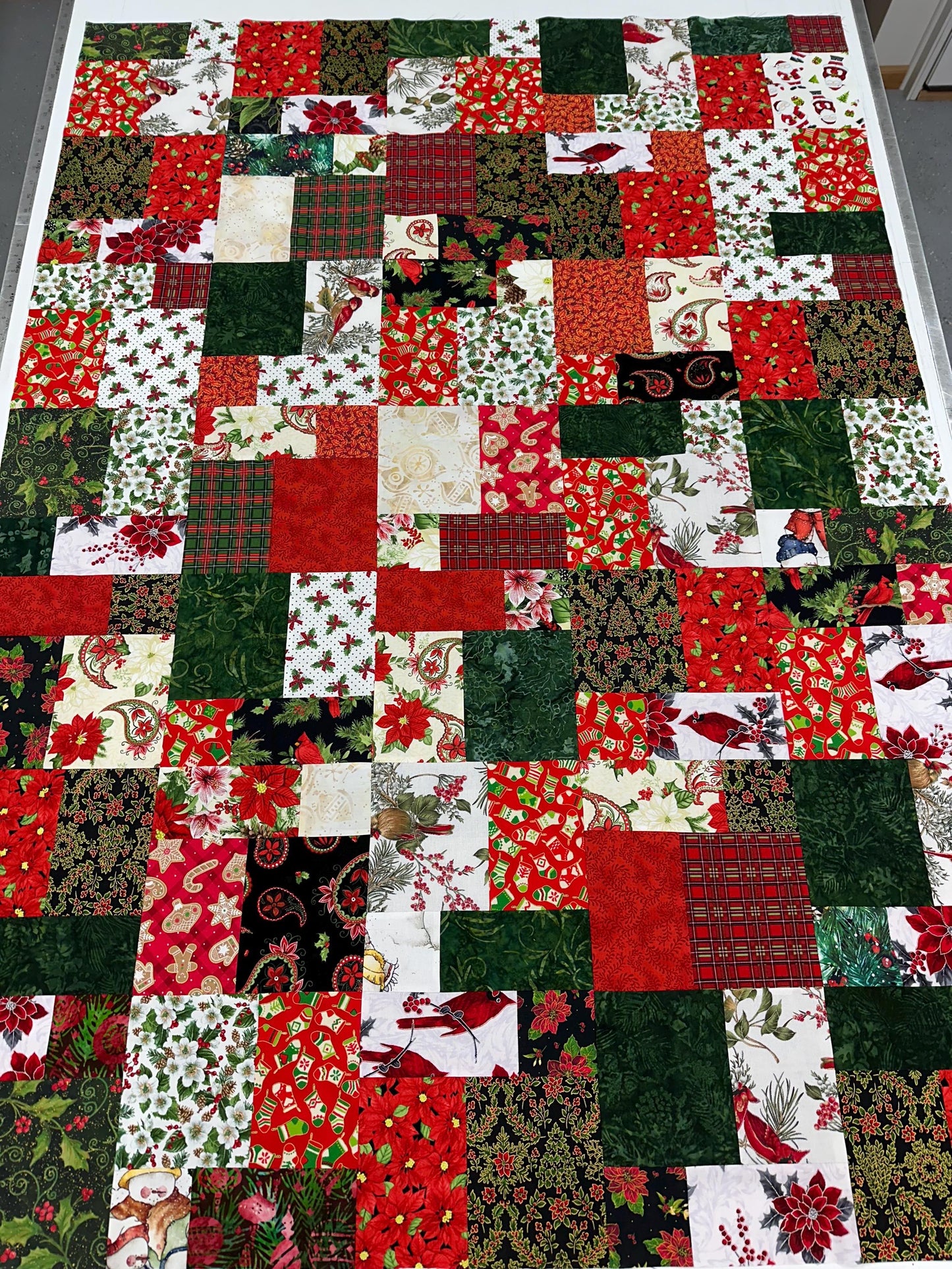 Festive Patchwork Christmas Quilt Top: Unfinished Handmade Lap Throw in Red & Green, 45x63 inches