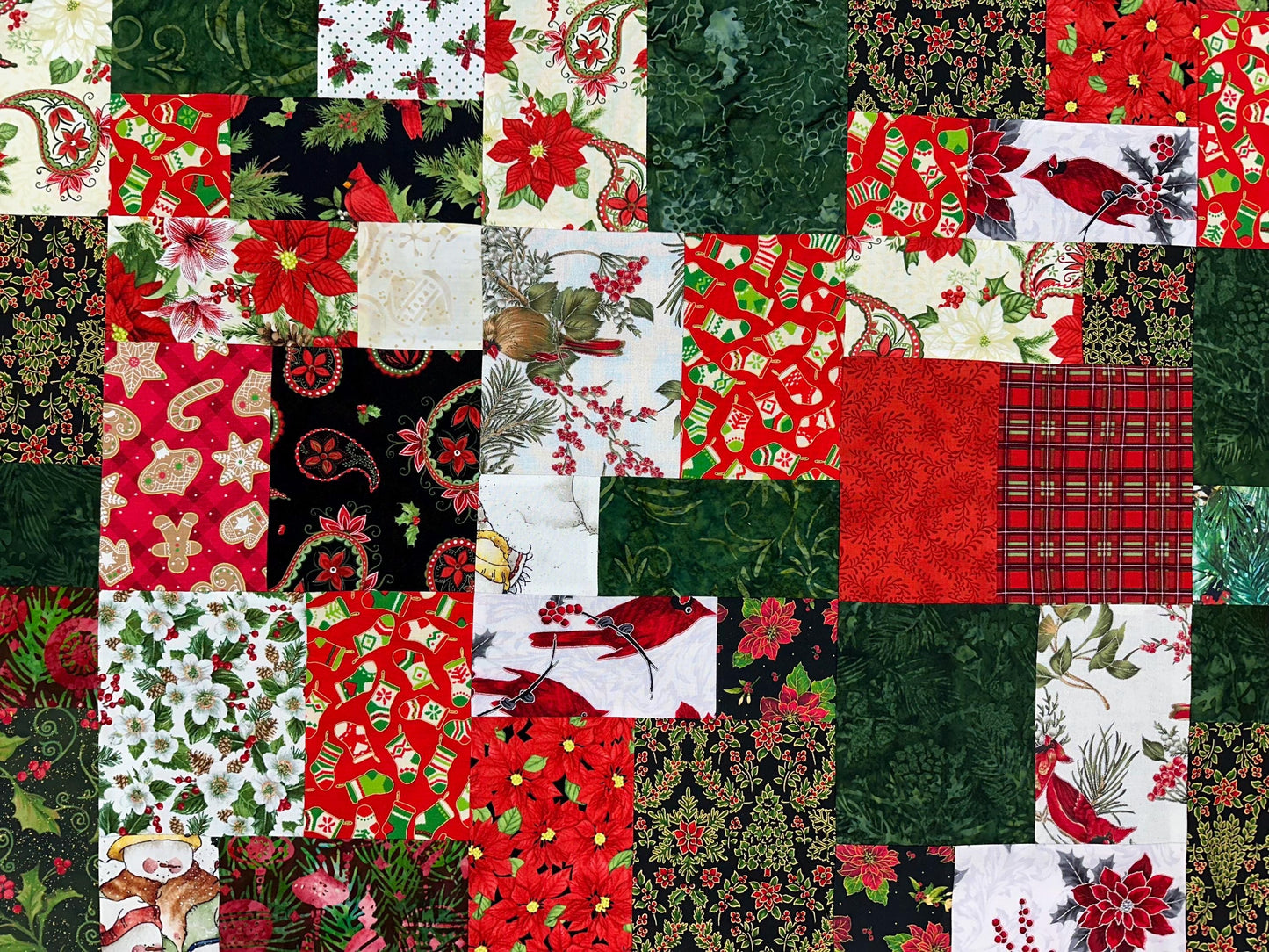 Festive Patchwork Christmas Quilt Top: Unfinished Handmade Lap Throw in Red & Green, 45x63 inches