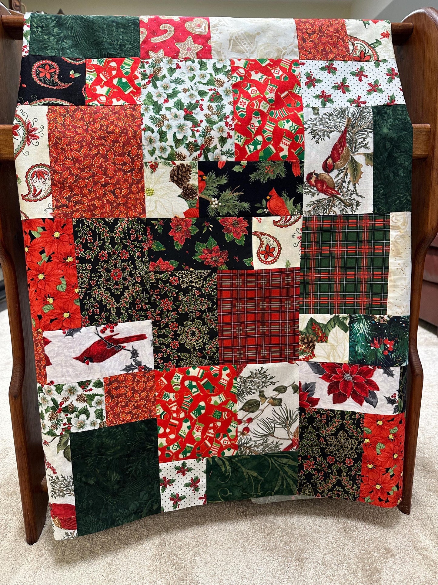 Festive Patchwork Christmas Quilt Top: Unfinished Handmade Lap Throw in Red & Green, 45x63 inches