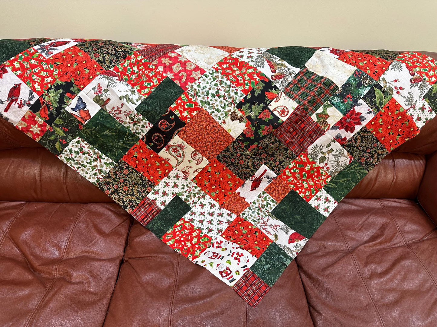 Festive Patchwork Christmas Quilt Top: Unfinished Handmade Lap Throw in Red & Green, 45x63 inches