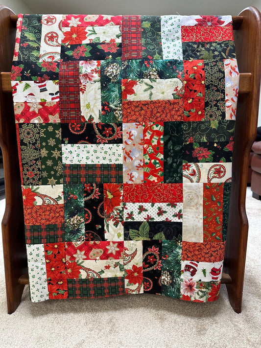Handmade Christmas Quilt Top: Red & Green Patchwork (48 x 60 inches)