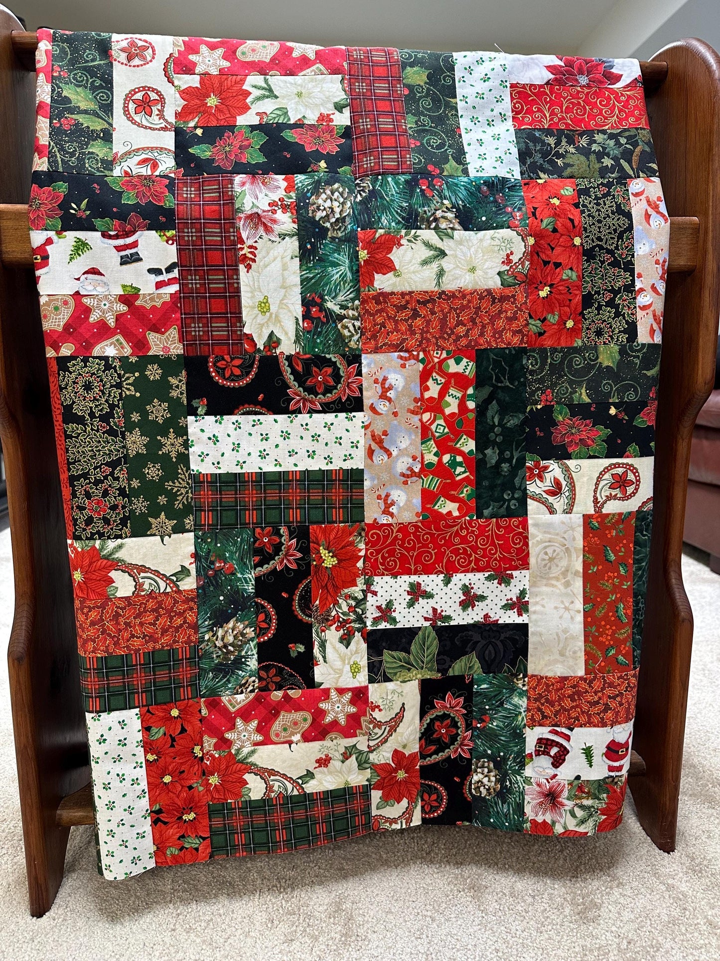Handmade Christmas Quilt Top: Red & Green Patchwork (48 x 60 inches)