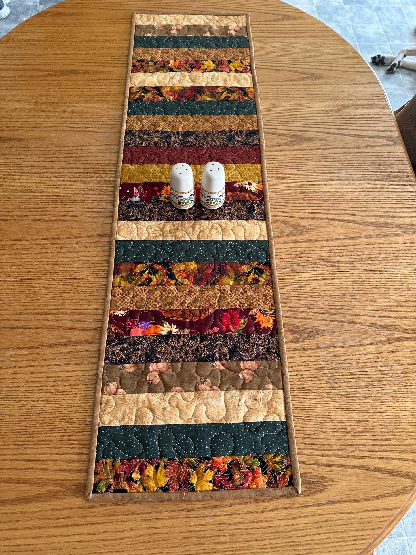 Handmade Autumn Quilted Table Runner: Fall Leaves, Acorns, Pumpkins - 13x47