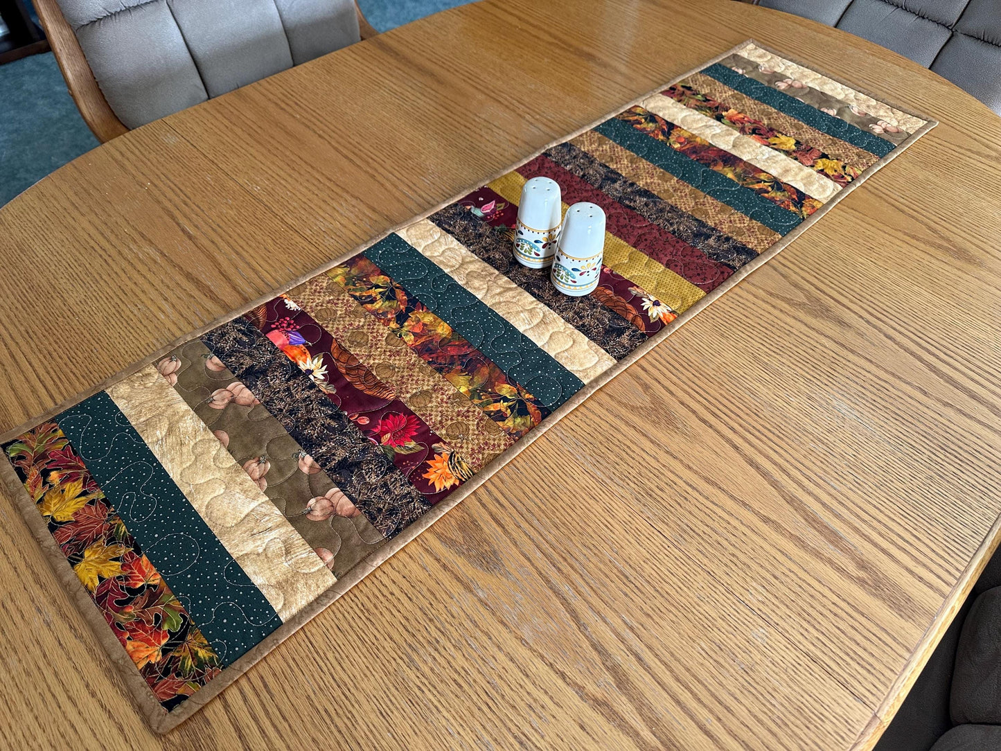 Handmade Autumn Quilted Table Runner: Fall Leaves, Acorns, Pumpkins - 13x47