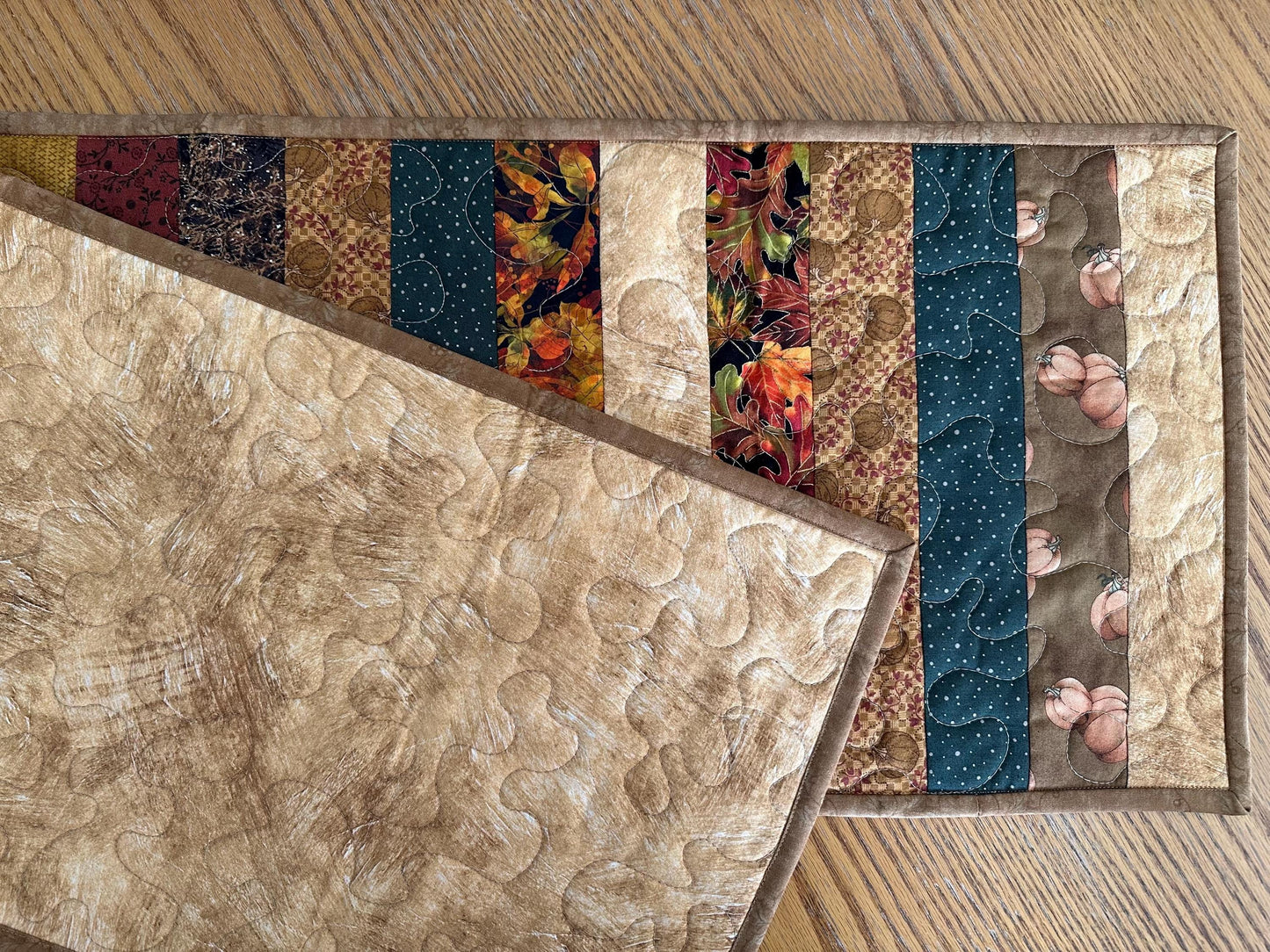 Handmade Autumn Quilted Table Runner: Fall Leaves, Acorns, Pumpkins - 13x47
