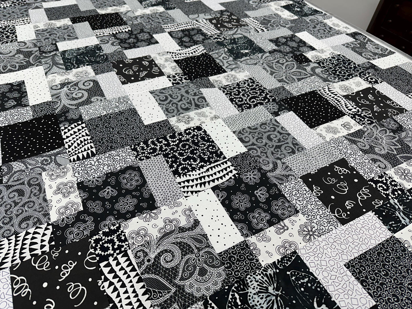 Handmade Black and White Floral Quilt Top - Lap Throw (45 x 58 inches)