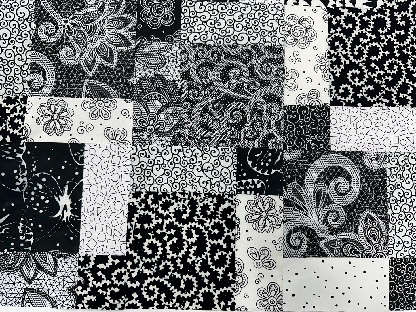 Handmade Black and White Floral Quilt Top - Lap Throw (45 x 58 inches)