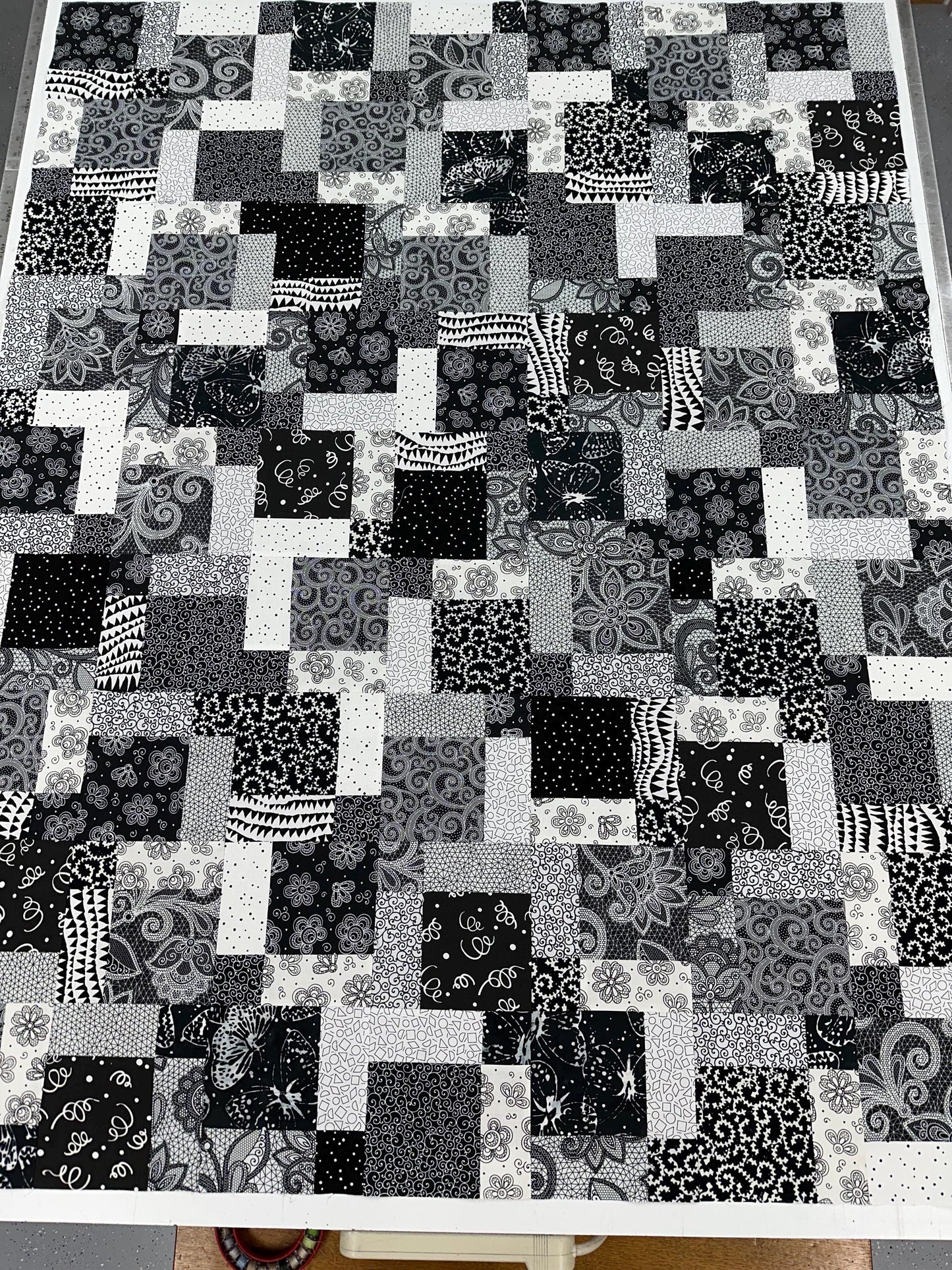 Handmade Black and White Floral Quilt Top - Lap Throw (45 x 58 inches)