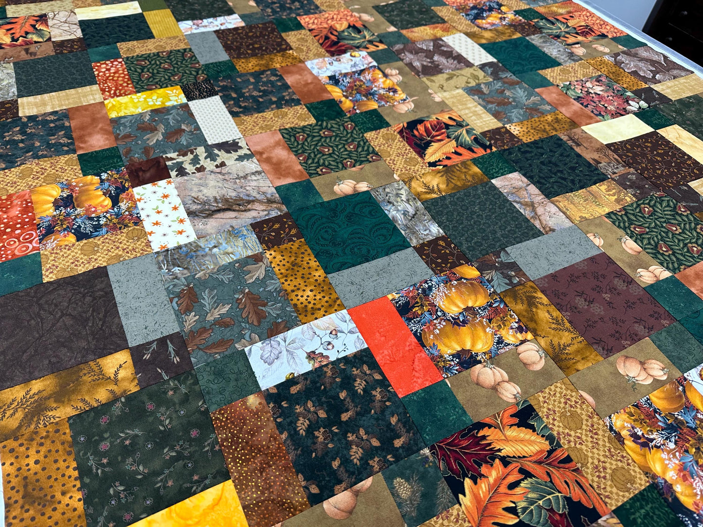 Unfinished Fall Leaves & Pumpkins Lap Quilt Top - Rustic Handmade Patchwork Ready to Finish 45x58