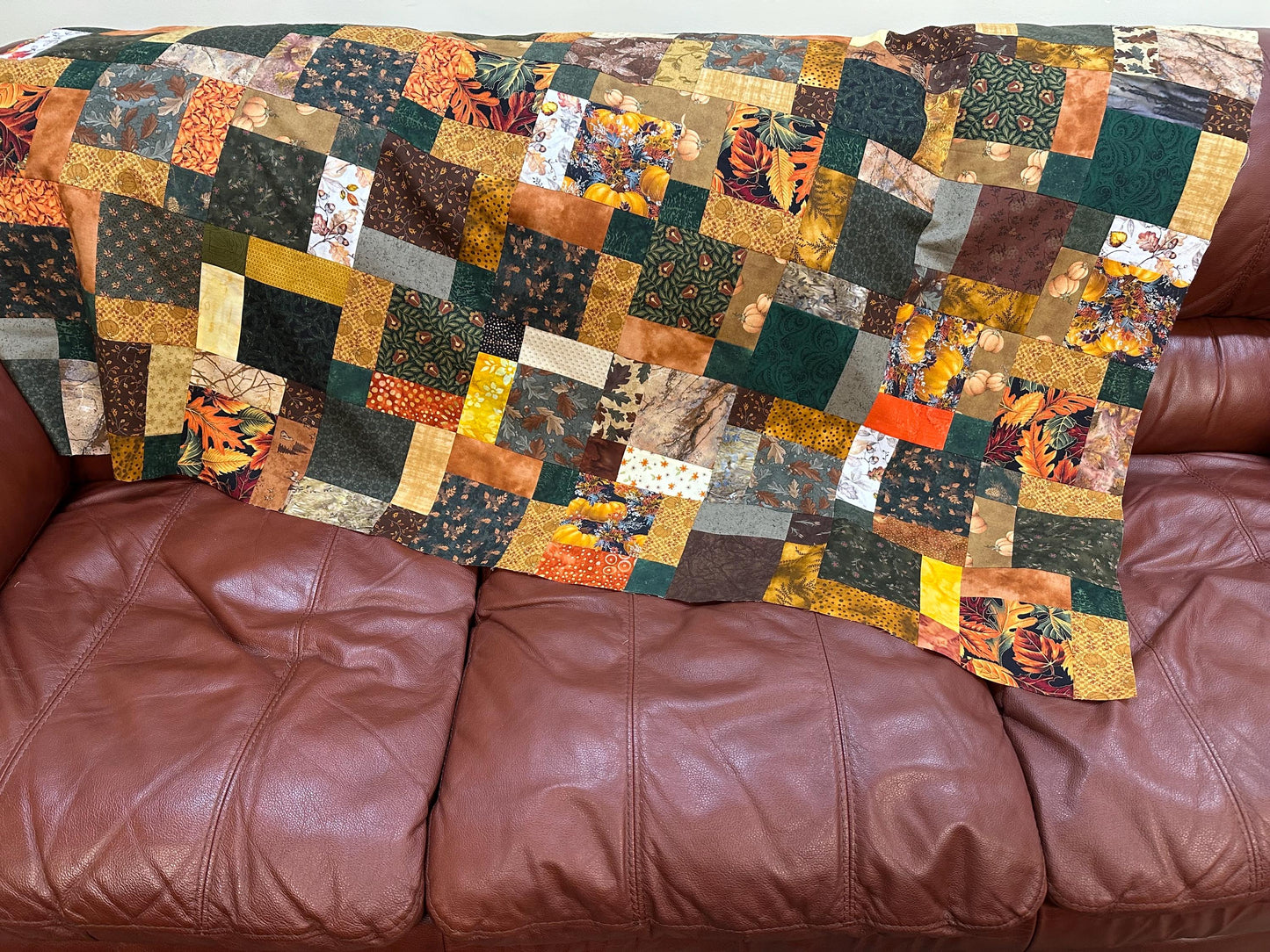 Unfinished Fall Leaves & Pumpkins Lap Quilt Top - Rustic Handmade Patchwork Ready to Finish 45x58