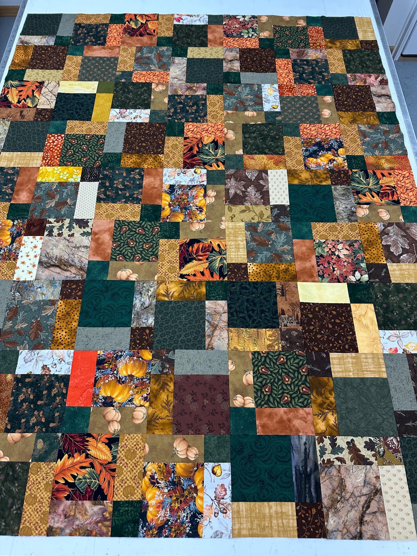 Unfinished Fall Leaves & Pumpkins Lap Quilt Top - Rustic Handmade Patchwork Ready to Finish 45x58