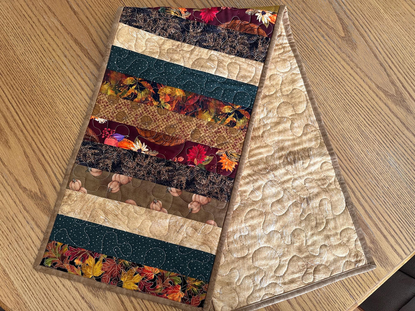 Handmade Autumn Quilted Table Runner: Fall Leaves, Acorns, Pumpkins - 13x47