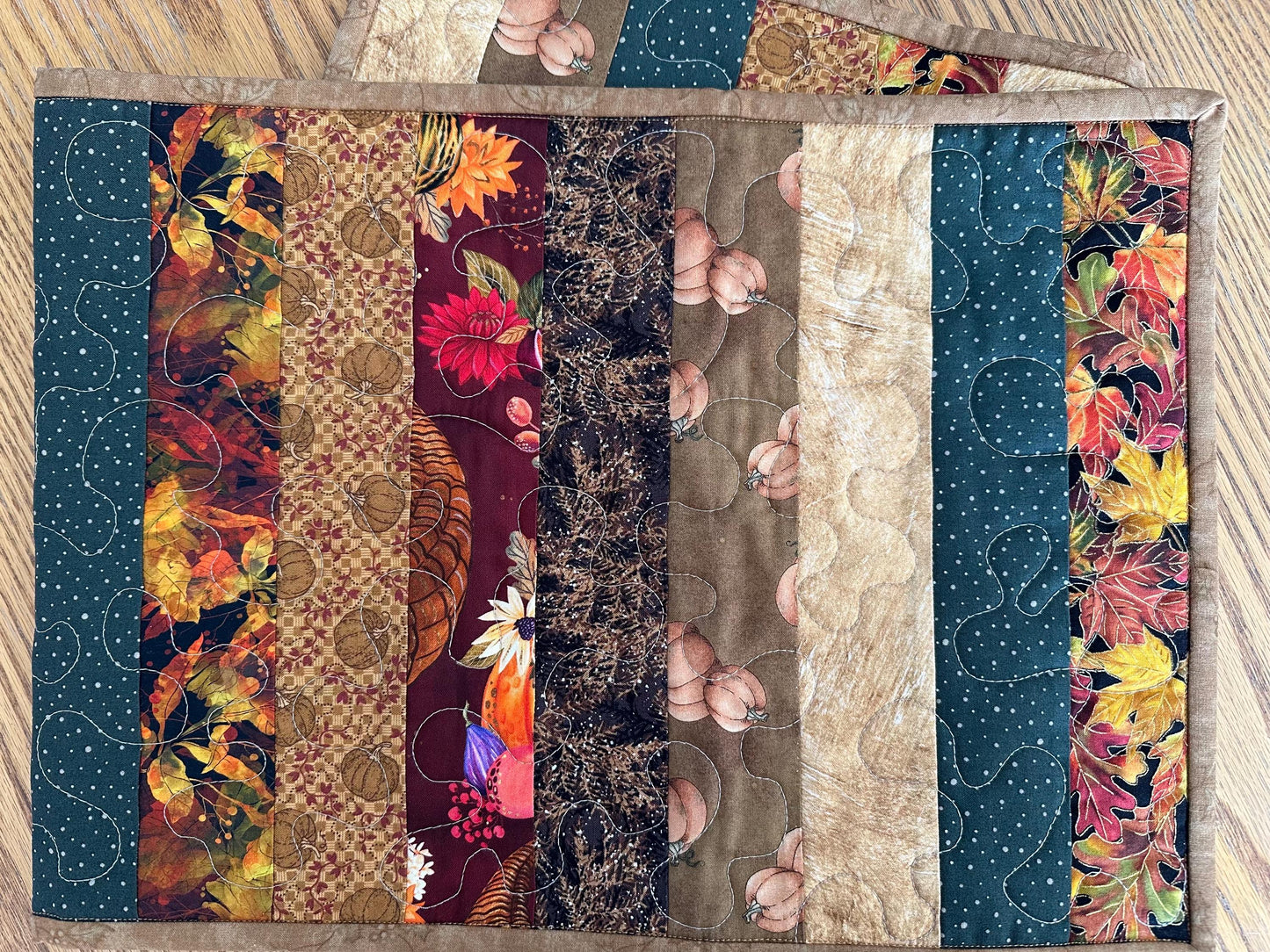 Handmade Autumn Quilted Table Runner: Fall Leaves, Acorns, Pumpkins - 13x47
