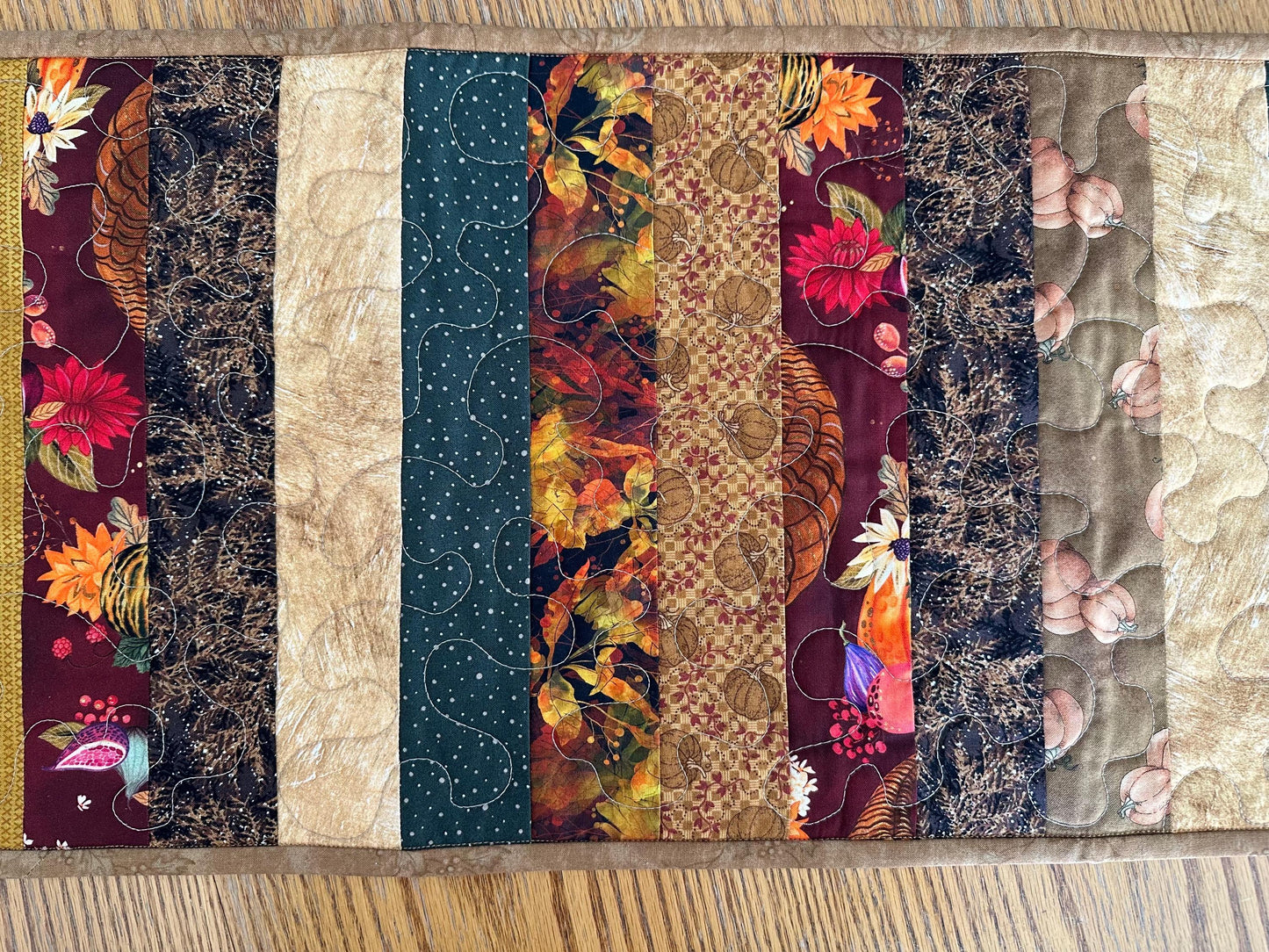 Handmade Autumn Quilted Table Runner: Fall Leaves, Acorns, Pumpkins - 13x47