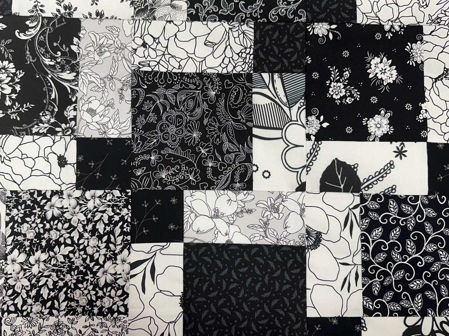 Handmade Black and White Floral Quilt Top: Lap Quilt (45" x 58")