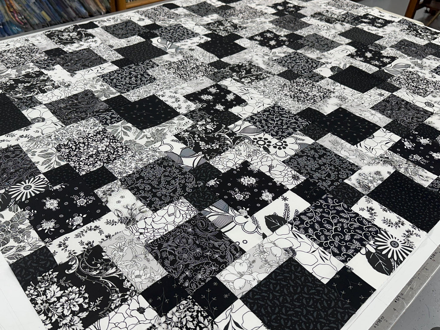 Handmade Black and White Floral Quilt Top: Lap Quilt (45" x 58")