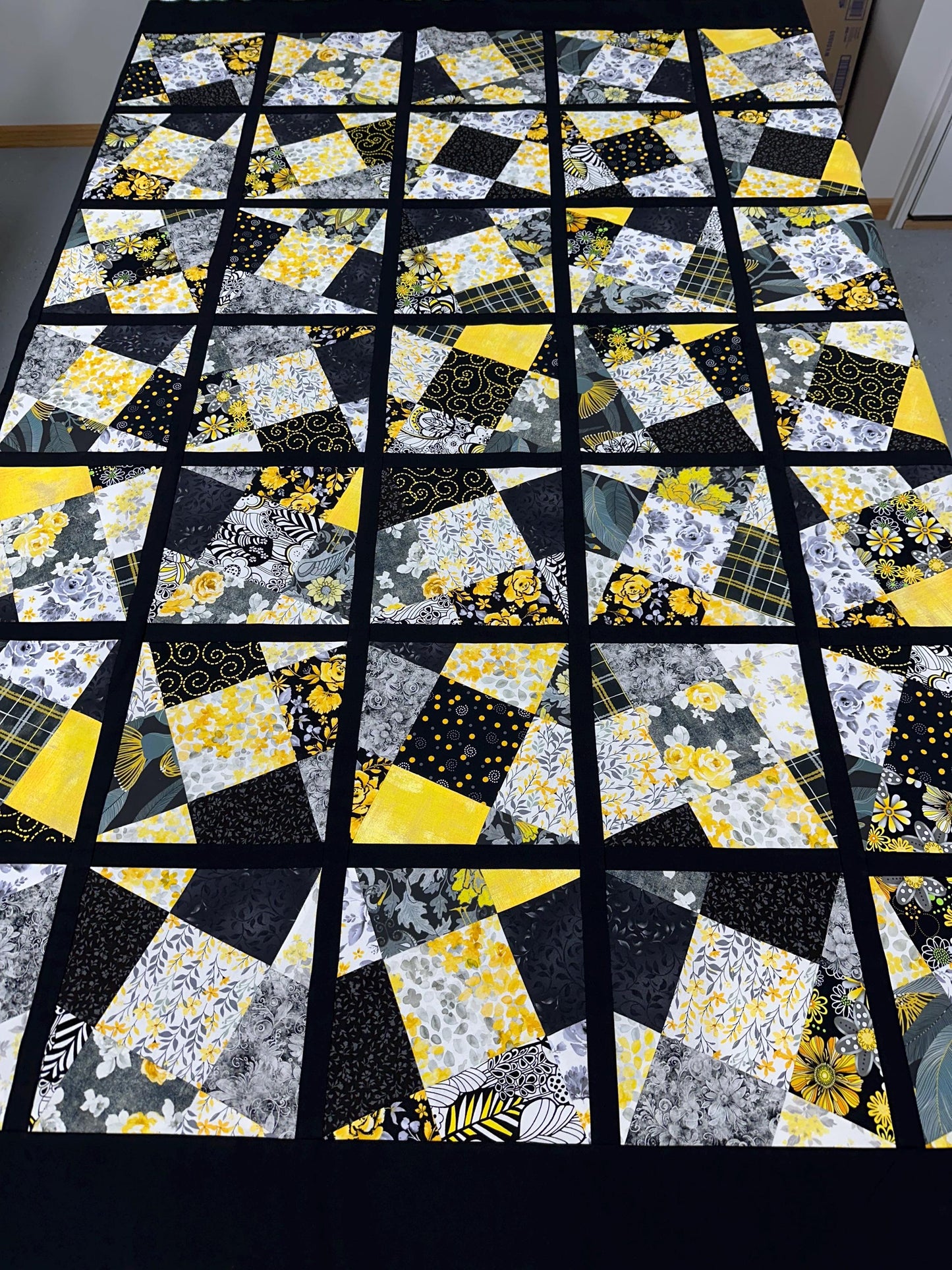 Handmade Black Yellow Gray White Floral Quilt Top: Lap Quilt (58" x 78")