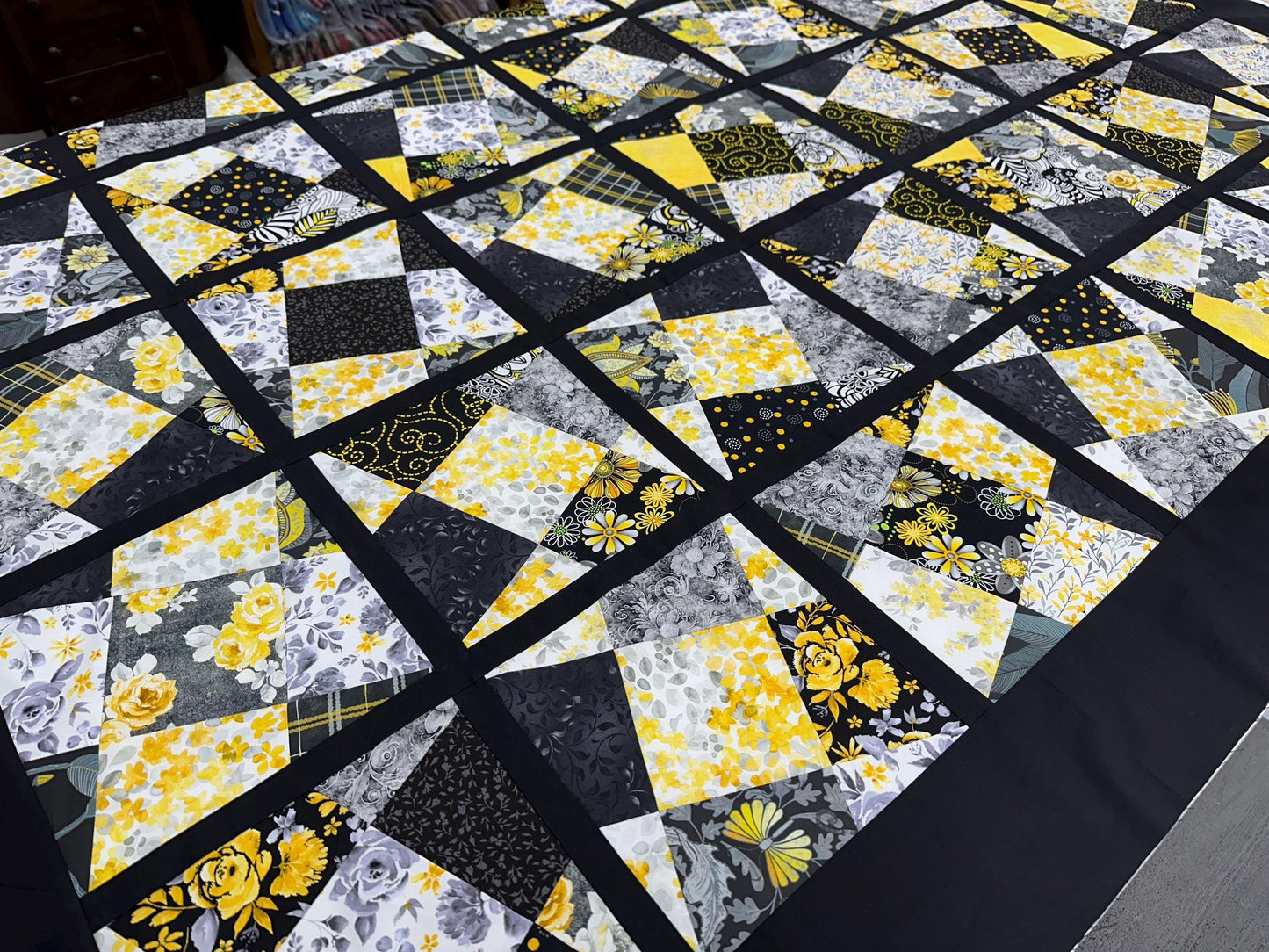 Handmade Black Yellow Gray White Floral Quilt Top: Lap Quilt (58" x 78")
