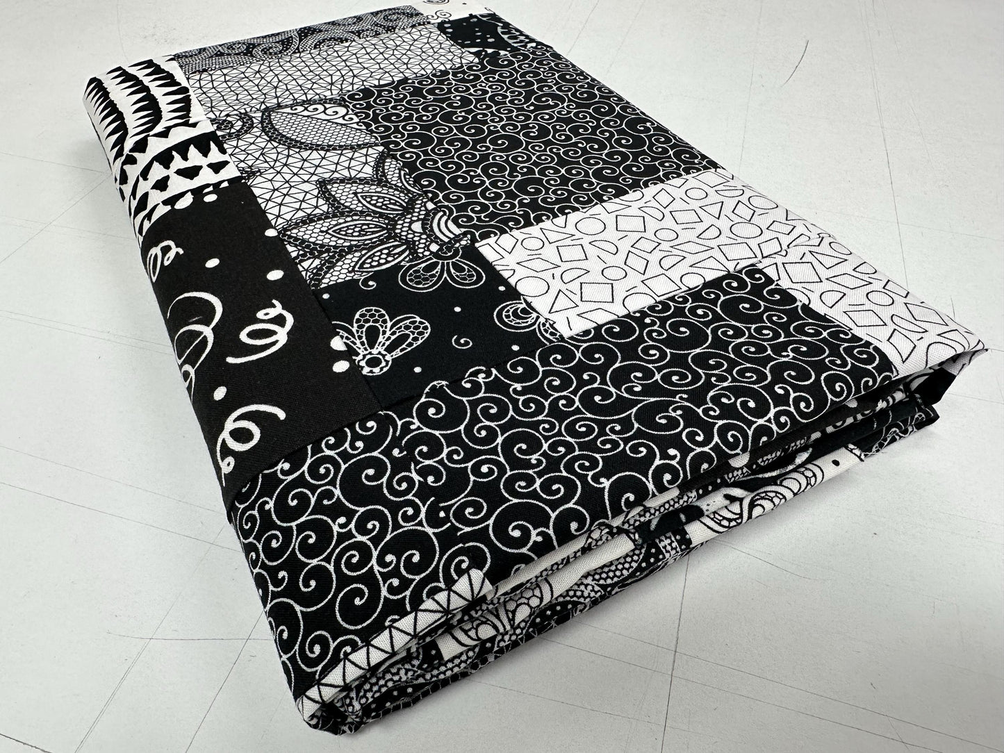 Handmade Black and White Floral Quilt Top - Lap Throw (45 x 58 inches)