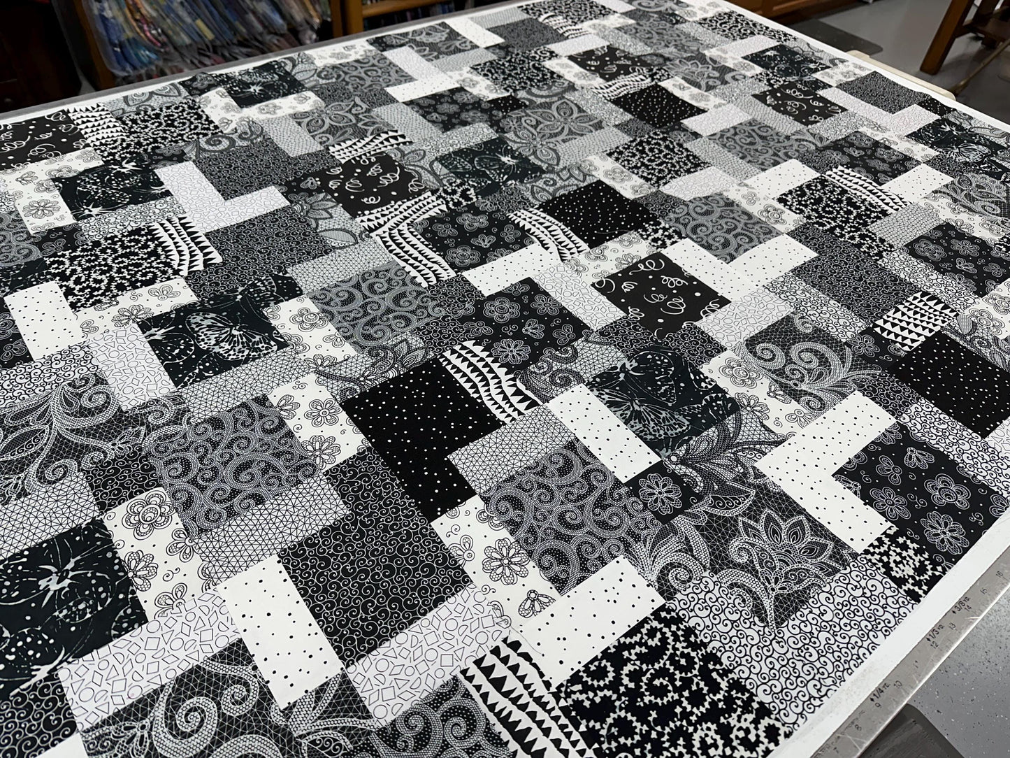 Handmade Black and White Floral Quilt Top - Lap Throw (45 x 58 inches)