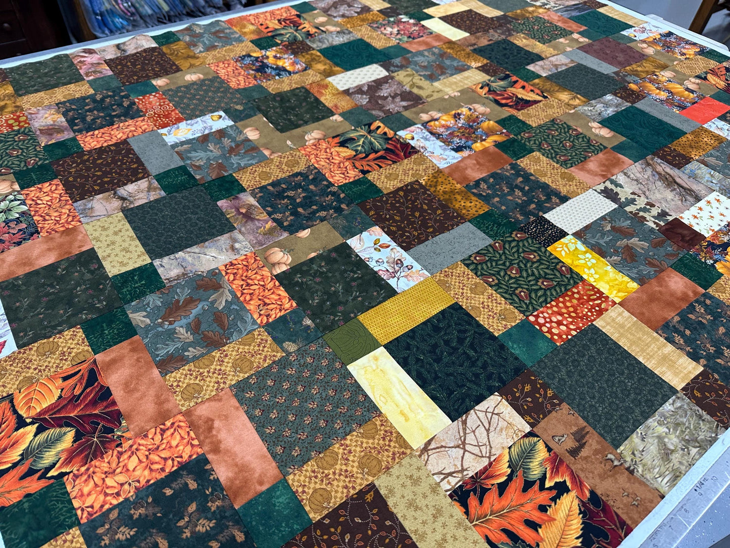 Unfinished Fall Leaves & Pumpkins Lap Quilt Top - Rustic Handmade Patchwork Ready to Finish 45x58