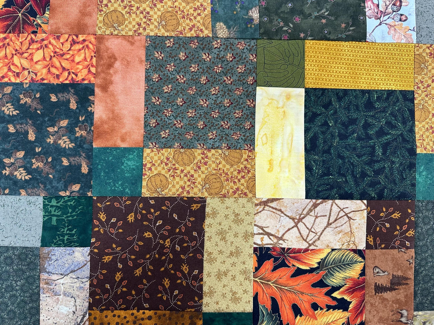Unfinished Fall Leaves & Pumpkins Lap Quilt Top - Rustic Handmade Patchwork Ready to Finish 45x58